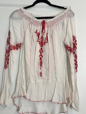 Free People White/Red Embroidered Boho Top size xs